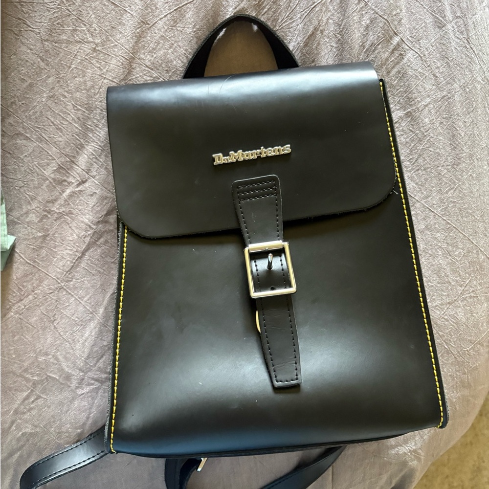 Dr. Martens Black Leather Backpack with Yellow Stitching